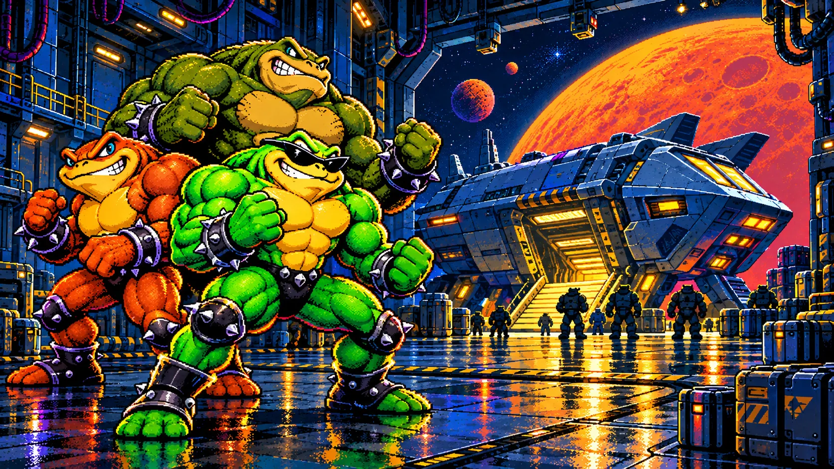 Three Battletoads heroes in a spacecraft drop bay