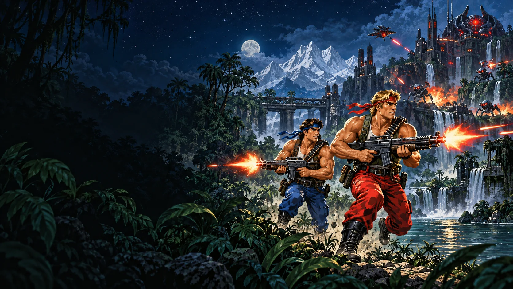 Two Contra commandos in the jungle before an alien fortress