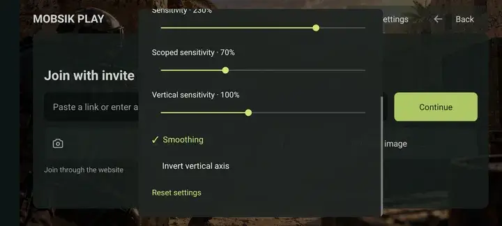 Lower settings: scope, vertical sensitivity, smoothing and reset.