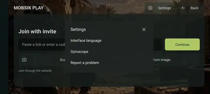 MOBSIK settings: language, gyroscope and problem reports.