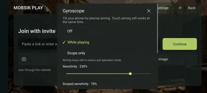 Gyroscope settings. Scroll to see all options.
