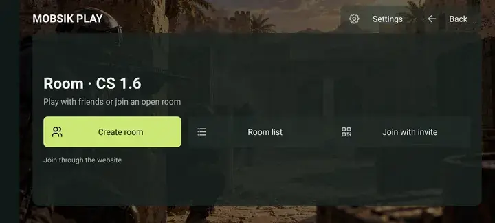 The Room menu on POCO F6. Create room and Room list open the website.